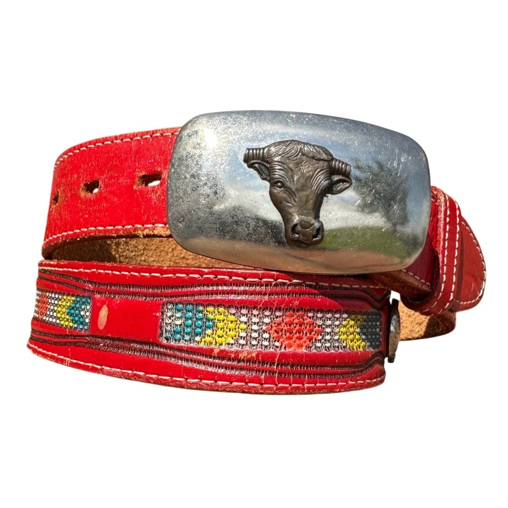 Vintage Red Tooled Leather Belt Bull Steer‎ Buckle Western Cowboy